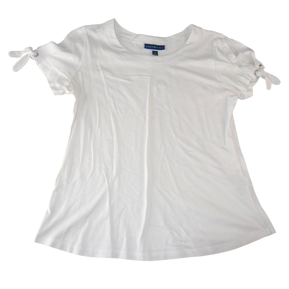 Karen Scott Womens White Short Sleeve Scoop‎ Neck Tie Grommet Sleeve Top Size M